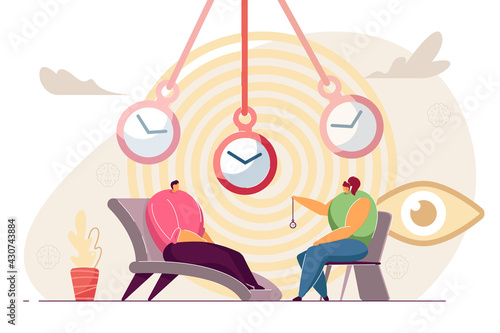 Patient at hypnosis session. Cartoon psychotherapist with pocket watch making client go into trance flat vector illustration. Therapy, hypnosis concept for banner, website design or landing web page photo
