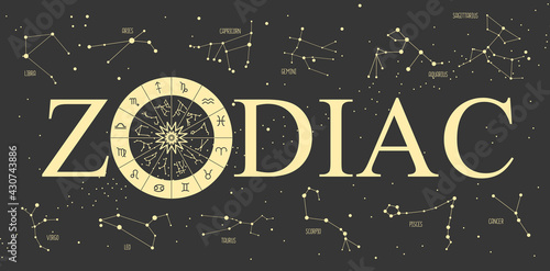 Modern magic witchcraft Astrology wheel with zodiac signs on space background. Horoscope vector illustration