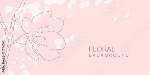 Minimal abstract modern background with flowering branch and texture. Pink trendy vector template for cover, invitation, thanks, banner, poster, flyer, wedding backgrounds, social media wallpaper