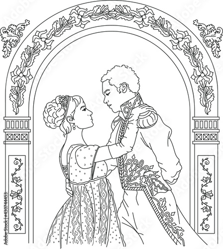Dancing couple retro style coloring page for adult, Man and woman dance romantic illustration, Prince and princess fairytale outline 
