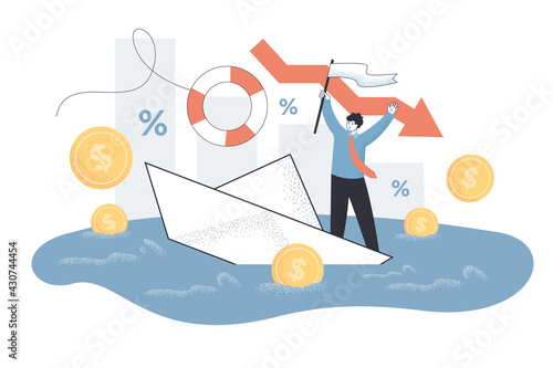 Tiny person with business problems. Down arrow, company failure, loss and debt flat vector illustration. Bankruptcy, economy, financial crisis concept for banner, website design or landing web page