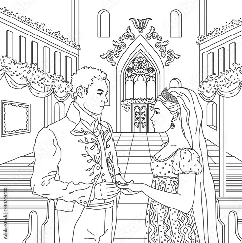 Wedding couple in church coloring page for adult, Man and Woman getting married, Bride and groom taking vows in Cathedral