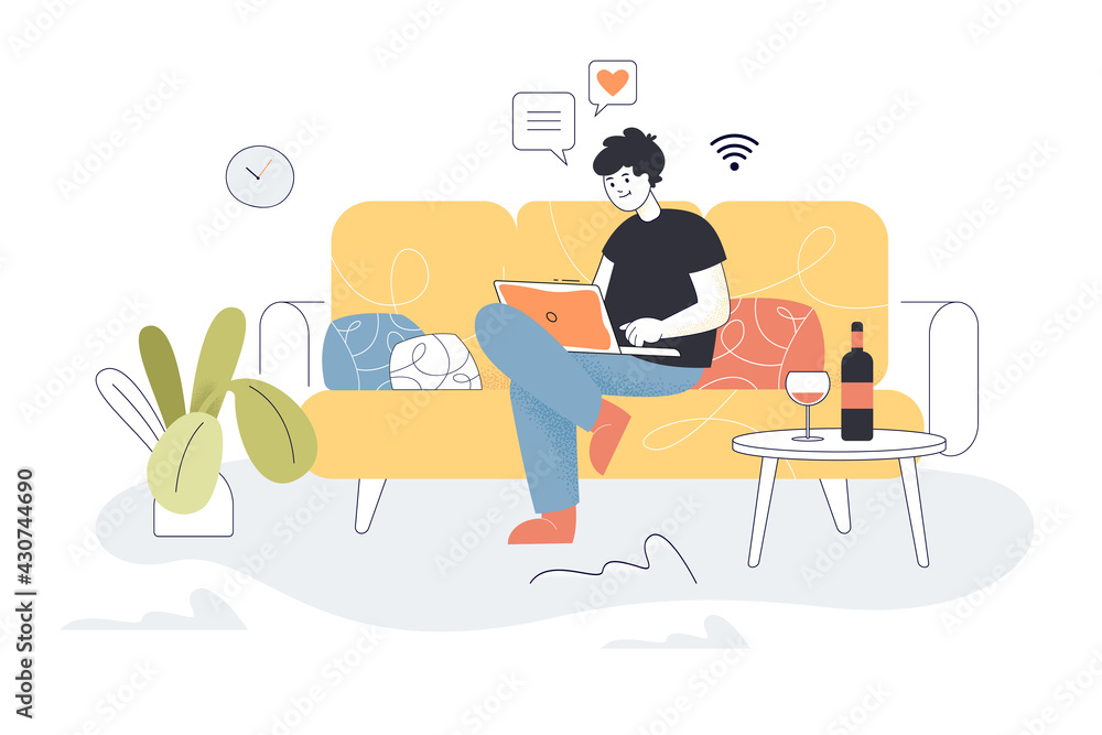 Man chatting to friends on laptop at home. Person sitting on sofa with computer flat vector illustration. Communication, quarantine, remote work concept for banner, website design or landing web page