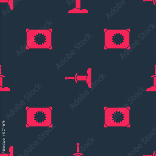 Set Ancient magic book and Sword in the stone on seamless pattern. Vector