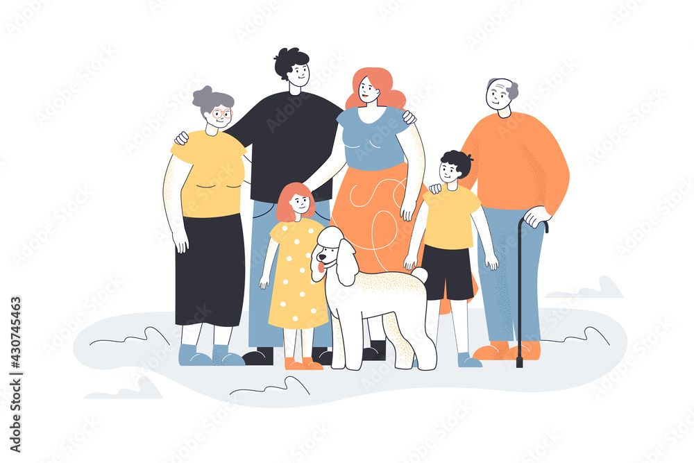 Happy big cartoon family with dog. Father, mother, son, daughter, grandpa,  grandma and pet flat vector illustration. Family, relatives concept for  banner, website design or landing web page Stock Vector | Adobe