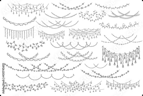 christmas new year wedding celebration party hanging string lights decoration garlands set, isolateed vector illustration festive graphic