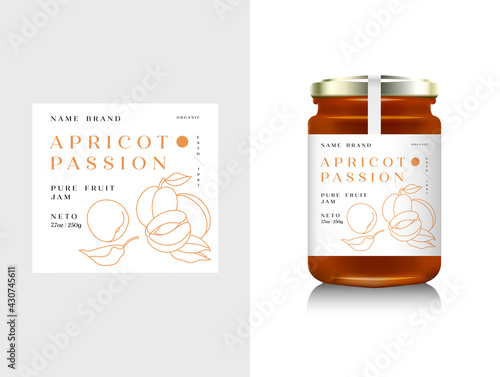 Realistic glass bottle packaging for fruit jam design. Apricot jam with design label, typography, line apricots icon . Mock up container or jar