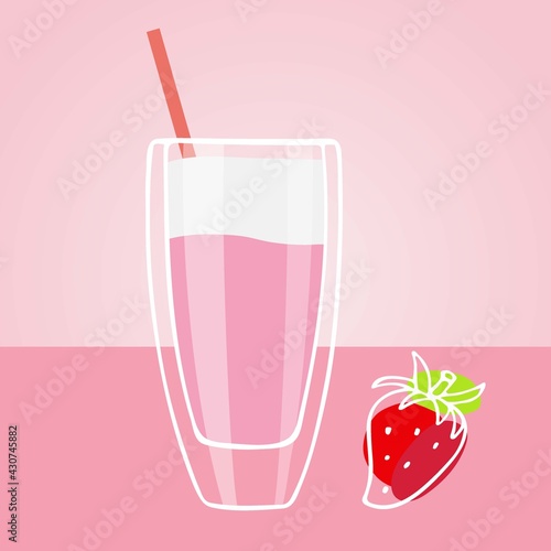 Strawberry milkshake. Summer drink hake. Iced beverage in high glass with red Strawberry on table isolated. Flat cartoon vector illustration. Glasses of fresh Cold strawberry drink on pink background.
