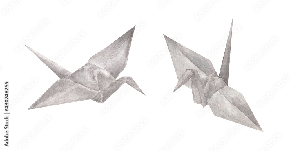 Set of Origami paper cranes isolated on white background. Watercolor illustration. Set of Origami paper cranes isolated on white background. Watercolor illustration.