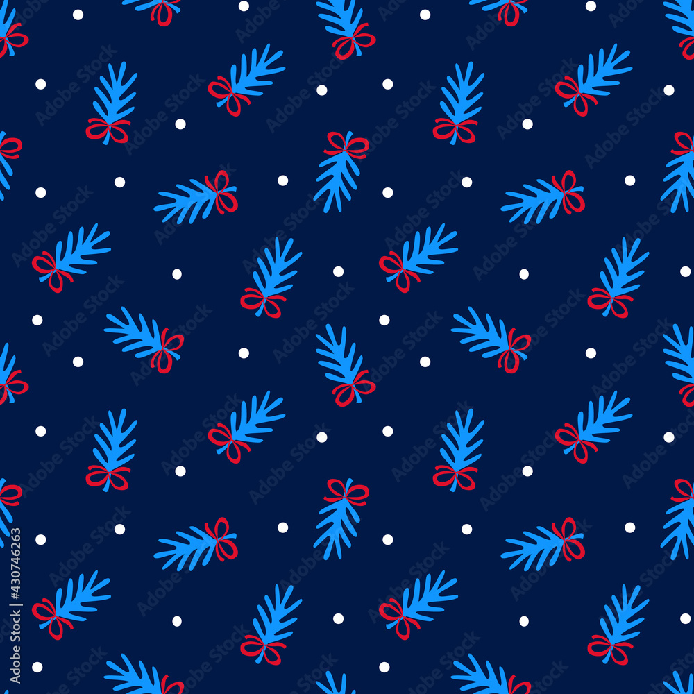 merry christmas and happy new year winter seasonal xmas seamless pattern with cute pine trees branches, endless repeatable textue , vector illustration graphic