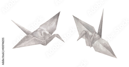 Set of Origami paper cranes isolated on white background. Watercolor illustration.