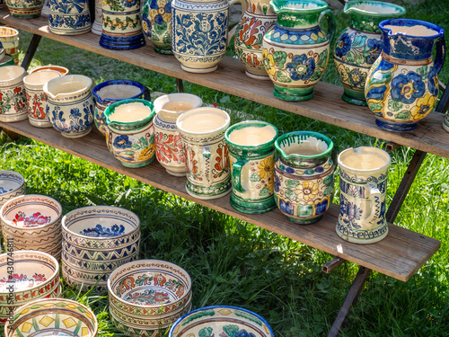 romanian decorated pottery on display photo