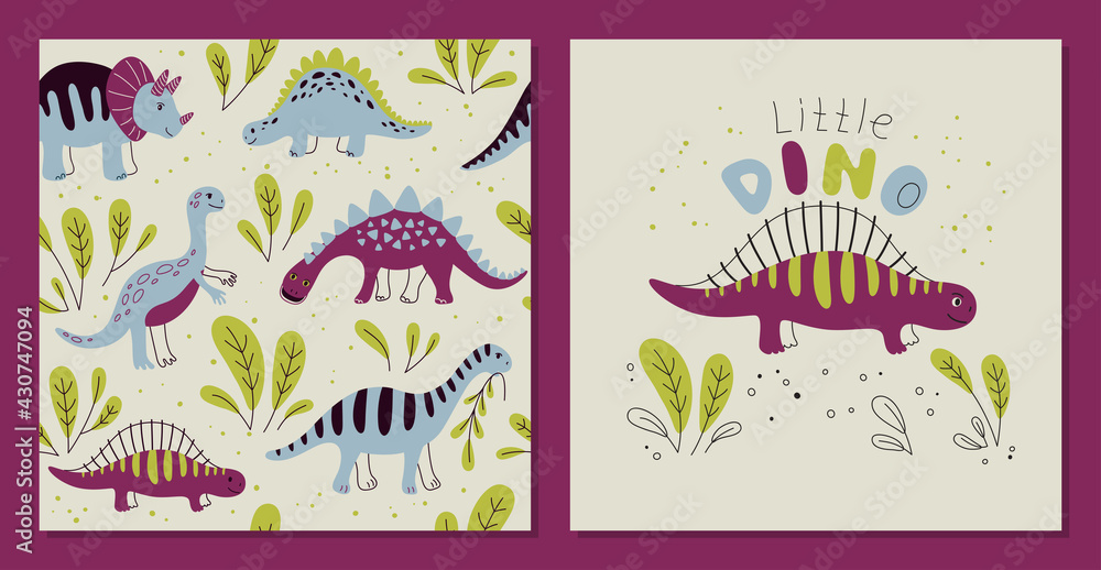 Different dinosaurs on a light background  - Seamless pattern and print. Vector Background for fabric, textile, posters, gift wrapping paper. Print for kids, baby, children