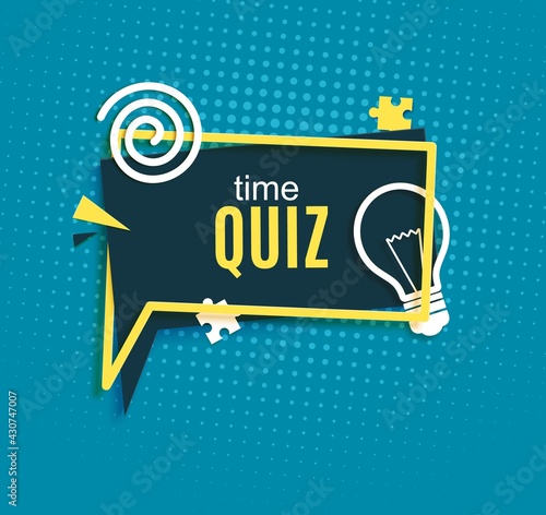 Quiz time speech bubble in paper cut style. Trivia show blue sticker in memphis retro style. 80s 90s banner with yellow bulb sign and puzzle shape. Papercut label. Vector card illustration.