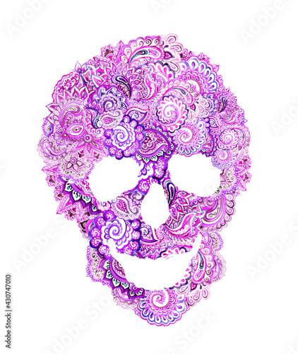 Human skull with ethnic ornament. Watercolor illustration