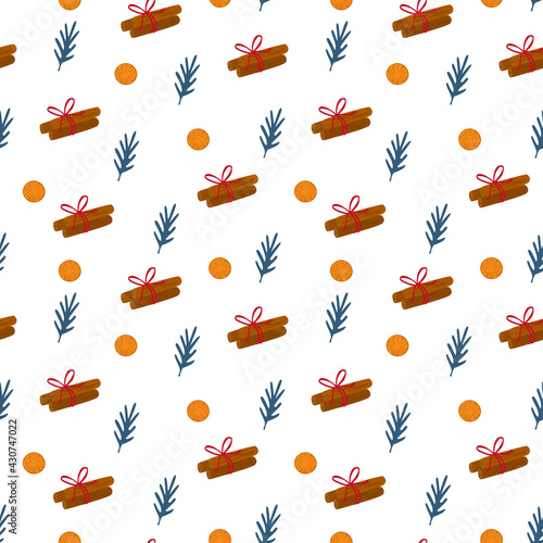 Fototapeta Naklejka Na Ścianę i Meble -  merry christmas and happy new year winter seasonal xmas seamless pattern with  cinnamon sticks and oranges, endless repeatable textue , vector illustration graphic