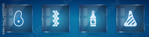 Set Steak meat, Bacon stripe, Tabasco sauce and . Square glass panels. Vector