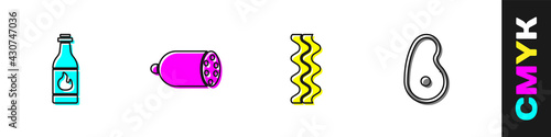 Set Tabasco sauce, Salami sausage, Bacon stripe and Steak meat icon. Vector
