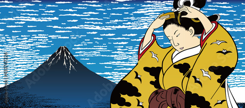 青い凱風快晴＆和服美人　ワイドバージョン