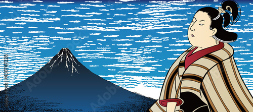 青い凱風快晴＆和服美人　ワイドバージョン