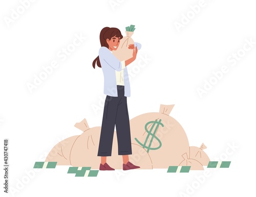 Happy rich person holding bag stuffed with money. Young woman with her savings in moneybag. Wealth and prosperity concept. Colored flat vector illustration isolated on white background