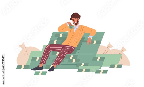 Rich successful businessman sitting on money pile and bags stuffed with cash. Young millionaire with dollars. Wealth concept. Colored flat graphic vector illustration isolated on white background