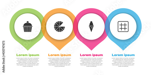 Set Cake, Homemade pie, Ice cream in waffle cone and Waffle. Business infographic template. Vector