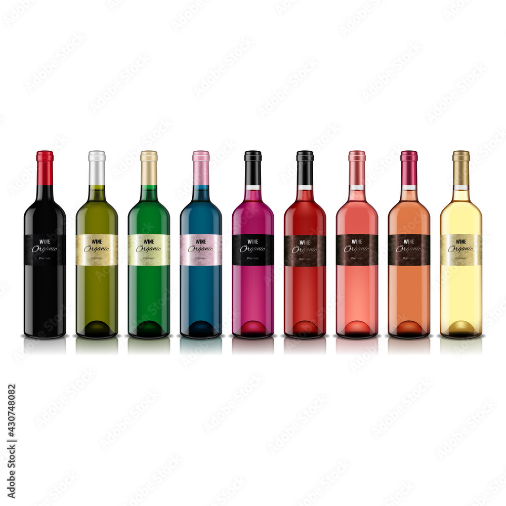 Set of transparent wine bottles, isolated on white. - obrazy, fototapety, plakaty 
