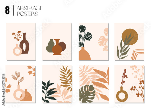 Collection of contemporary abstract art posters. Minimal botanical leaf and vase design for social media  wallpapers  postcards  prints  wall art. Mid Century Modern design.