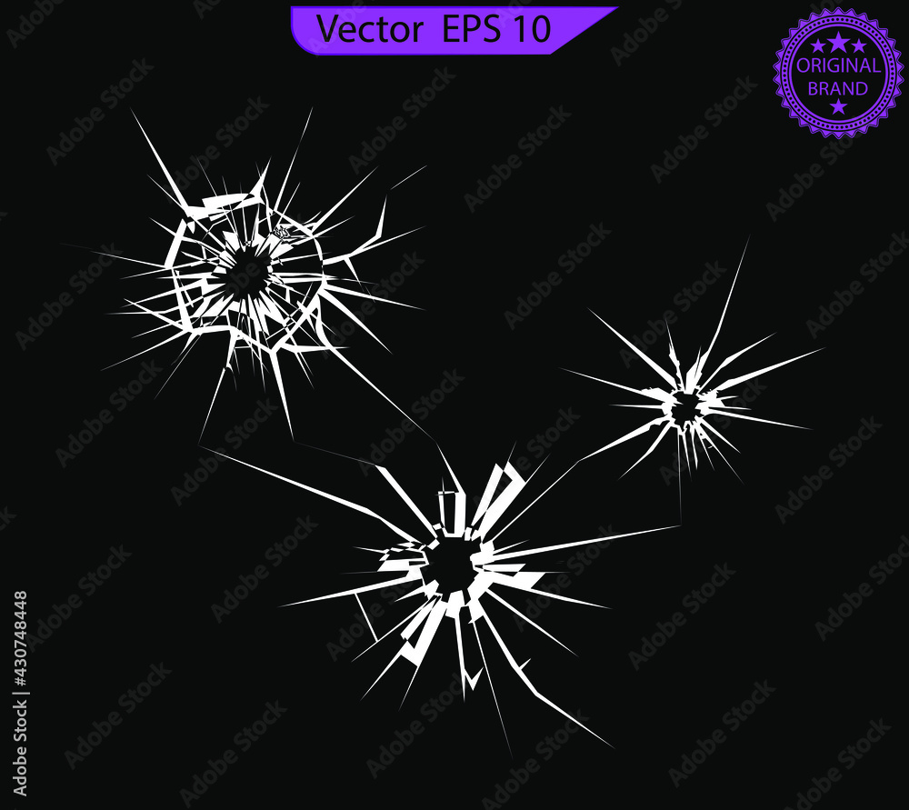 Set of broken glass, cracks, bullet marks on glass. Broken glass