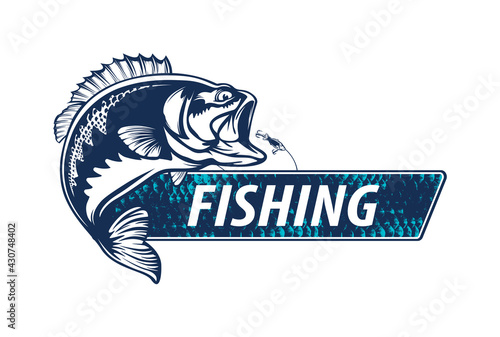 Fishing bass logo. Bass fish with rod club emblem. Fishing theme illustration. Fish Isolated on white.