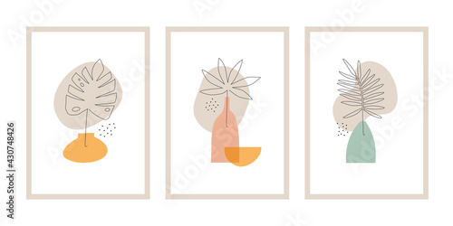 Set of minimalistic posters or cards with line art drawing tropical leaves and abstract shapes. 
