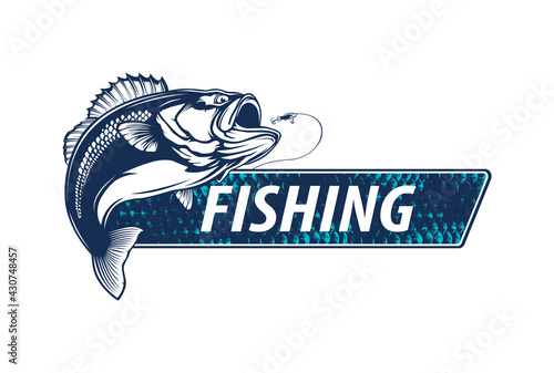 Fishing bass logo. Bass fish with rod club emblem. Fishing theme illustration. Fish Isolated on white.