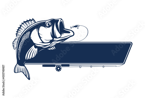 Fishing bass logo. Bass fish with rod club emblem. Fishing theme illustration. Fish Isolated on white.