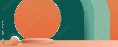Cosmetic green and orang background and premium podium display for product presentation branding and packaging. empty scene with spherical lights. studio stage vector design