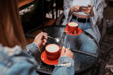 Two Women Friends Drinking Coffee in Cafe Outdoors, Lunch Time Concept