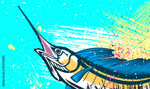 Marline fishing grunge background. Fishing retro theme. Sword fish.