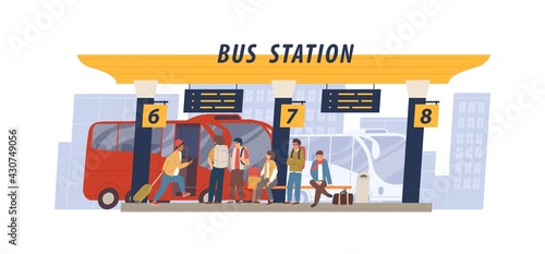 Passengers with bags waiting for transport at international bus station. People sitting on bench and standing at intercity terminal. Colored flat vector illustration isolated on white background