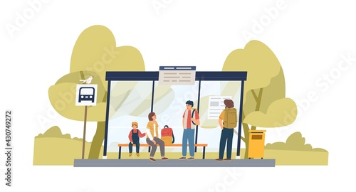 People waiting for bus at public transport stop in suburbs. Family with backpacks sitting on bench under station shelter on summer day. Colored flat graphic vector illustration isolated on white