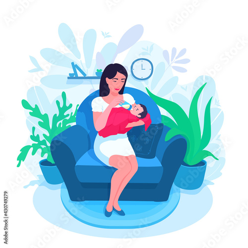 A mother feeds her baby with a baby bottle. The formula, milk. The woman sitting in an armchair and nourishes a newborn. Floral background. A vector cartoon illustration.
