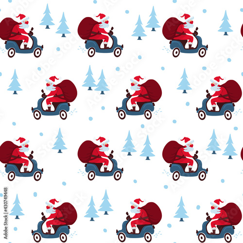 merry christmas and happy new year winter seasonal xmas seamless pattern with driving santa claus on a scooter with face mask, endless repeatable textue, vector illustration graphic