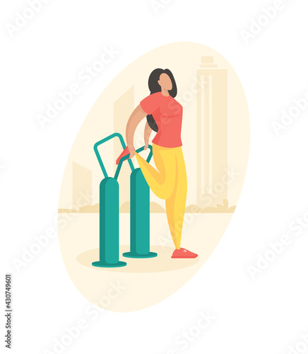 Outdoor fitness equipment flat illustration. Female cartoon character doing workout leg stretching exercise using outdoor gym machine. Outdoor sports gym. Streets workout. Sports training