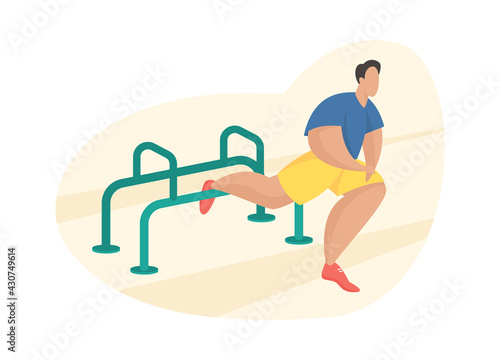 Outdoor fitness equipment flat illustration. Male cartoon character doing workout leg stretching exercise using outdoor gym equipment. Outdoor sports gym. Streets workout. Sports training