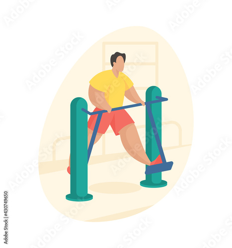 Outdoor fitness equipment flat illustration. Male cartoon character doing workout exercises using outdoor air walker. Outdoor sports gym. Streets workout. Sports training