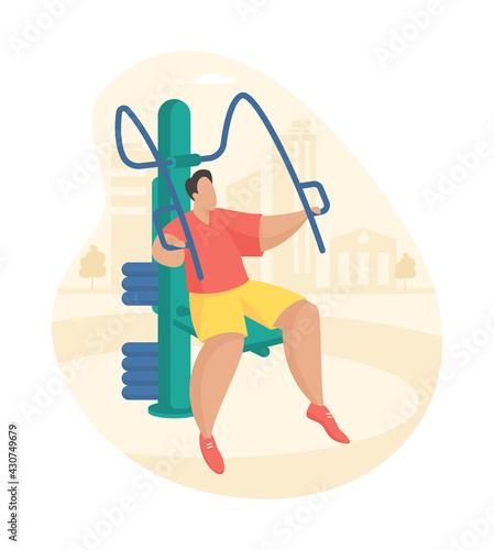 Outdoor fitness equipment flat illustration. Male cartoon character doing workout exercises using pull down challenger. Outdoor sports gym. Streets workout. Sports training