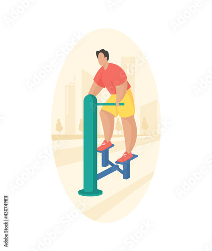Outdoor fitness equipment flat illustration. Male cartoon character doing workout exercises using outdoor stepper. Outdoor sports gym. Streets workout. Sports training