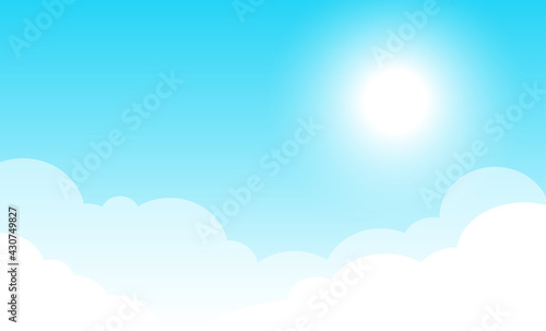 Blue sky with cloud and realistic sun. Background template for banner or infographic. Concept of summer. Backdrop element for graphic design. Simple trendy cute flat cartoon vector illustration.