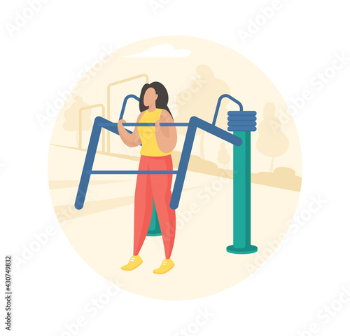 Outdoor fitness equipment flat illustration. Female cartoon character doing workout exercises using mild steel weight lift equipment. Outdoor sports gym. Streets workout. Sports training