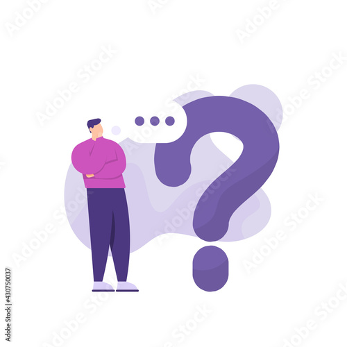 the concept of Frequently asked questions or FAQs. illustration of a man who is thinking beside a question mark. question marks around people, online support center. flat style. vector design