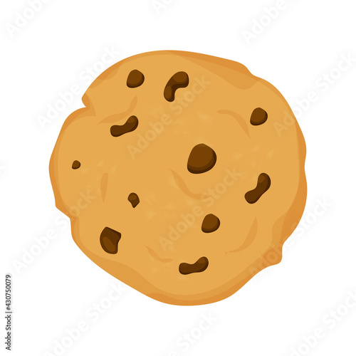 Traditional chocolate chip cookie round isolated on white background in flat style. Element for web designs. Sweet food, dessert.